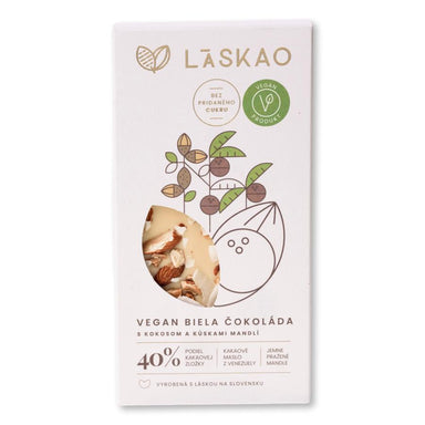 VEGAN Biela čokoláda s kokosom a kúskami mandlí